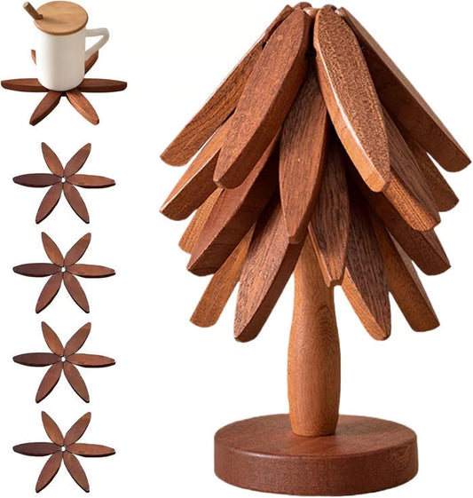 🎄✨ Tree-Shaped Wooden Trivet Set – 50% OFF! Gravity-activated folding, 4 trivets + stand, heat-resistant – festive table protection. 🍽️