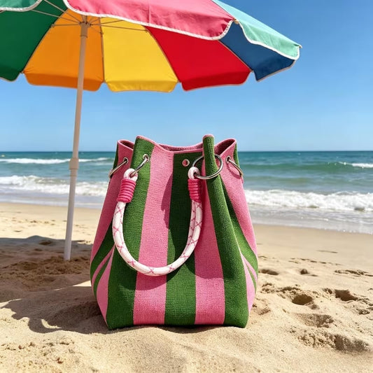 🏆👜 Limited-Time Sale: 60% OFF 🌴 Boho Striped Knit Bucket Handbag for Women – Handmade Summer Beach Shoulder Bag
