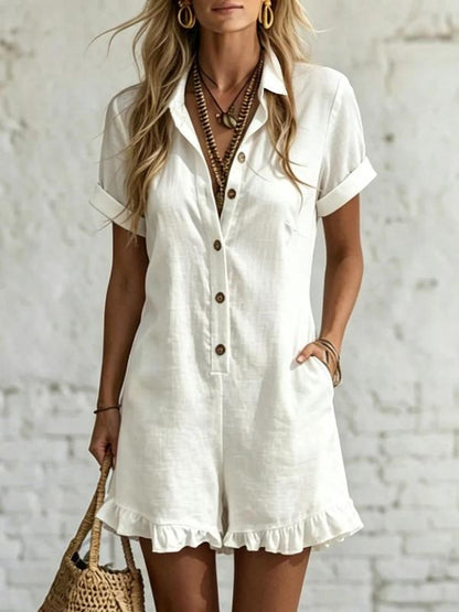 📢📢50% OFF !! ⏰Elegant Lapel Button Design Short Sleeves Ruffle Romper, Casual Vacation Style High-Waisted Slimming Romper, Comfortable and Stylish One-Piece