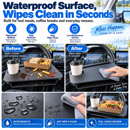 🚗🍔 2-in-1 Steering Wheel Tray – 50% OFF! Dining & work surface, seat gap organizer, cup holder & tablet slot – universal fit. 💪