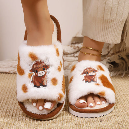 🐮 50% OFF! Women's Plush Slippers – cartoon cow print, open-toe, soft & cozy – perfect home slippers. 🛋️💖