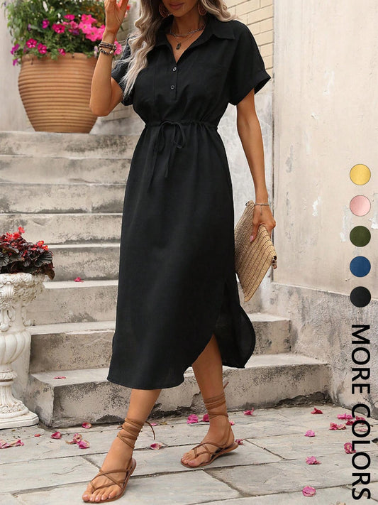 👗🔥 Women's Collared Midi Dress with Drawstring Waist – 50% OFF! Classic collar, adjustable waist, streetwear vibe – effortless style for every day. ✨🌸