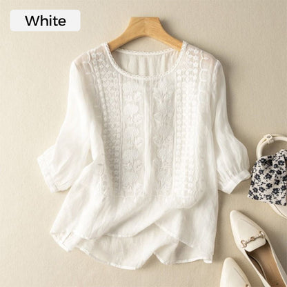 🌸 50% OFF NOW! 🌸Women's Thin Embroidery Breathable Cotton Linen Short Sleeve Crew Neck Shirt