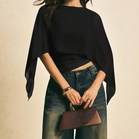 ✨ LIMITED-TIME 50% OFF! 👗 Women's Chiffon Cape Sleeve Top – Elegant, Asymmetrical, Ruched Waist 🦋