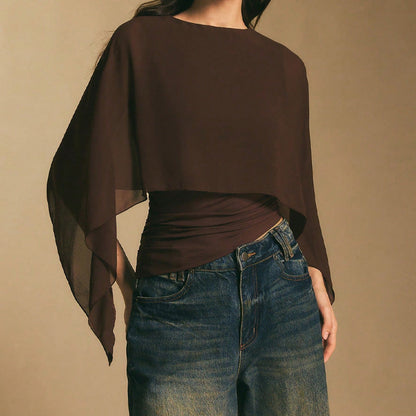 ✨ LIMITED-TIME 50% OFF! 👗 Women's Chiffon Cape Sleeve Top – Elegant, Asymmetrical, Ruched Waist 🦋