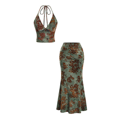 🌺50% OFF! 🌴 Bohemian Floral Print Halter Top & Maxi Skirt Co-ord Set