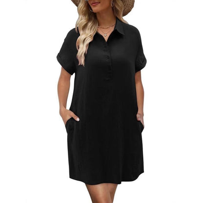 Casual Short Sleeve Button Pocket Dress 🌿 Button-Front Detail, Handy Pockets & Breezy Fit for All-Day Comfort ✨