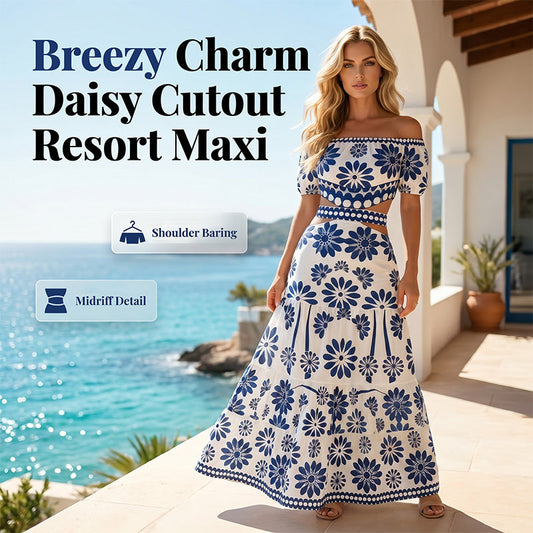 🌺 LIMITED-TIME 56% OFF! 💥 Women's Off-Shoulder Midi Dress – Daisy Print, Waist Cutout & Flattering Flowy Fit – Tropical Chic 💃