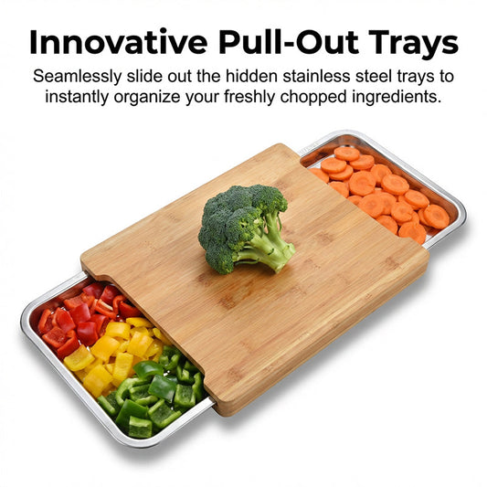 🎁🔪 50% OFF! Slide-Out Tray Cutting Board – wooden design, easy cleanup, great for cheese, fruits & veggies. 🧀🍎