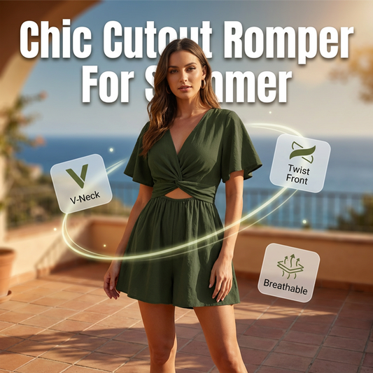 👗✨ Summer Cutout Waist Romper – V-neck, twist front, flutter sleeves – chic & comfortable for warm days. 50% OFF! 🔥🌸