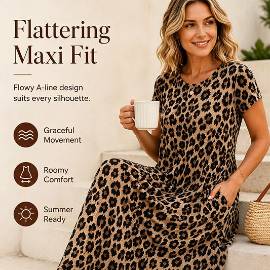🏖️Summer Hot Sale 62% Off!💃Women's Leopard Print Maxi Dress with Pockets Casual Short Sleeve Long Dress