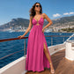 👗🔥 Deep V-Neck Maxi Dress with High Slit – 50% OFF! Metal ring detail, front cutout, lace-up back – bold elegance for summer nights. ✨🌴