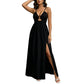 👗🔥 Deep V-Neck Maxi Dress with High Slit – 50% OFF! Metal ring detail, front cutout, lace-up back – bold elegance for summer nights. ✨🌴