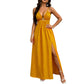 👗🔥 Deep V-Neck Maxi Dress with High Slit – 50% OFF! Metal ring detail, front cutout, lace-up back – bold elegance for summer nights. ✨🌴