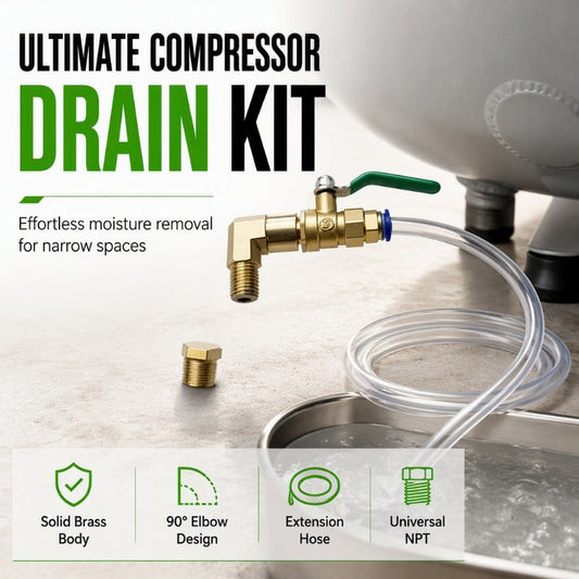 🔧🛠️ Compressor Drain Kit – 50% OFF! 90° elbow, extension hose, heavy-duty brass – fits tight spaces, easy valve control. 💪