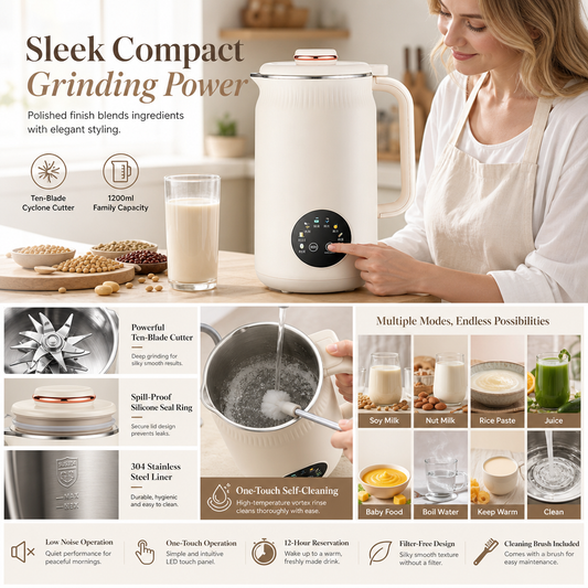 🥛 Automatic Soy Milk Maker: Filter-Free, 10-Blade, High-Cyclone Grinding, Compact