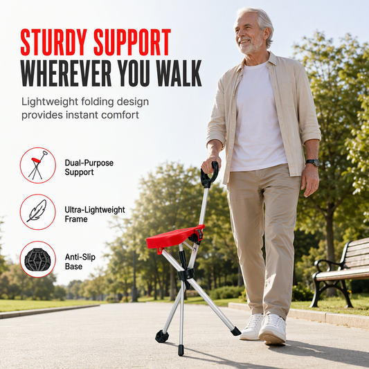 🚶‍♂️🦯 Folding Cane Chair with Seat – 50% OFF! Aluminium frame, tripod stability, anti-slip foot – walk & rest anywhere. 🪑