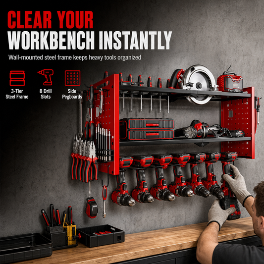 🛠️✨ Heavy-Duty Wall Tool Rack – 50% OFF! Steel beams, side pegboards, wire mesh airflow – clears your workbench instantly. 🔧