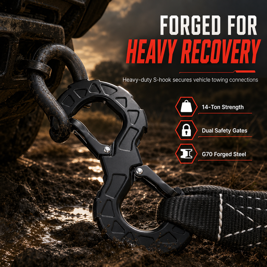 🔗🚙 Forged Steel Tow Hook – 50% OFF! 14-ton breaking strength, dual safety gates, heat-treated 40Cr steel – heavy-duty recovery. 💪